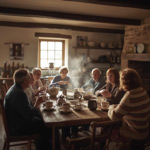 people chatting round a kitchen table